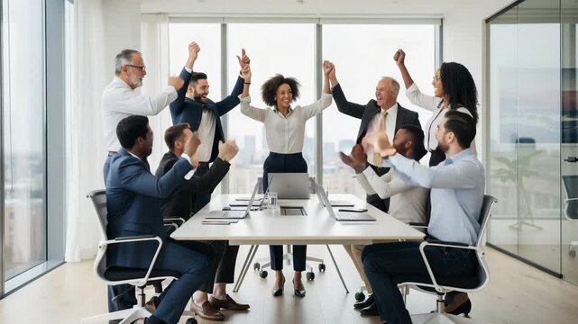 Diverse business team collaborating enthusiastically around modern office table in bright workspace