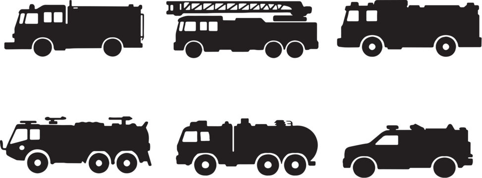Fire rescue vehicle silhouette set fire truck ladder engine emergency response vector bundle