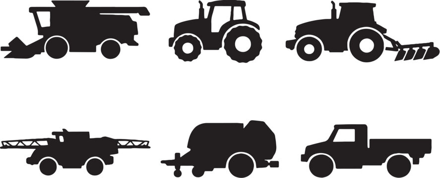 Farm machine silhouette set tractor combine harvester sprayer baler agriculture vehicle vector bundle
