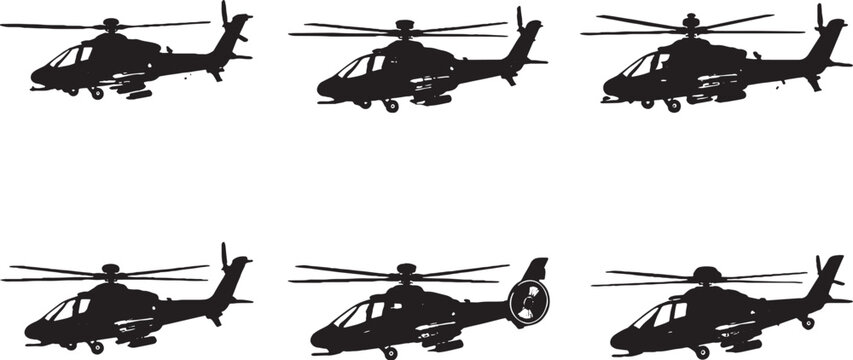 Attack Helicopter Silhouette Bundle Combat Gunship Military Aircraft Black Vector Set