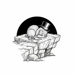 Sleeping Rabbit with Top Hat on Stone Ledge.