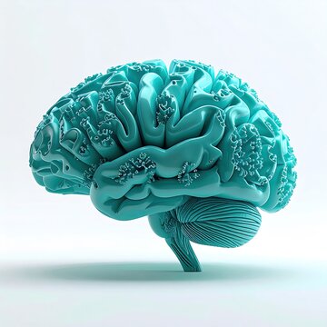Turquoise brain model showcasing intricate convolutions and anatomical details against a clean white background; conceptual scientific