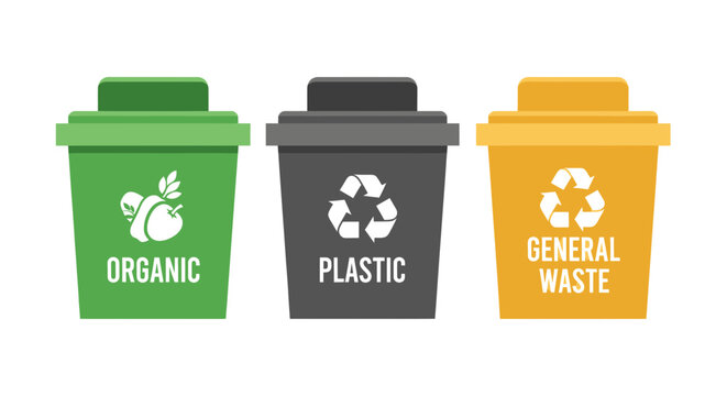 Three recycling bins: Organic, Plastic, and General Waste, isolated on white background.