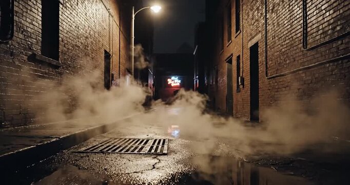 Cinematic Night Scene of a Misty Urban Alleyway with Brick Walls
