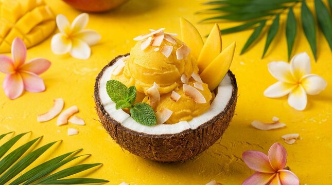 Fresh Tropical Mango Sorbet served in Natural Coconut Shell