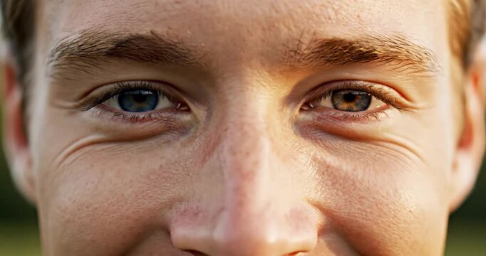 Close up of a young man with heterochromia iridum staring at the camera
