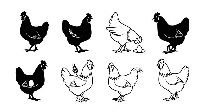 Chicken Silhouettes and Line Drawings - Farm Animals Collection
