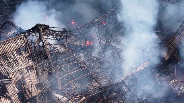 Team of brave firemen navigating through dangerous debris and smoke after a fire.