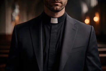 Detalle de alzacuellos y torso de un sacerdote católico en una iglesia.