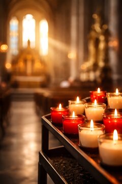 Velas e interior de una iglesia,