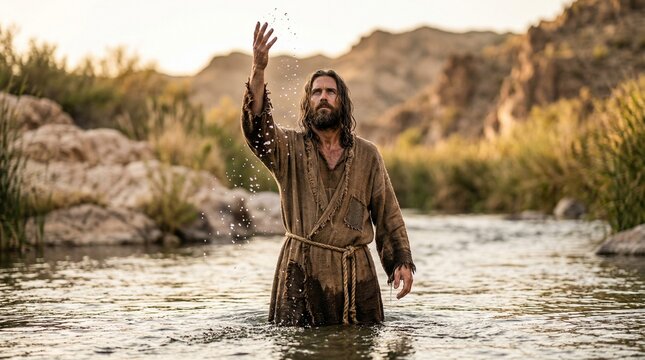 Man in a rough robe stands in a shallow river and raises one hand in greeting, with rocky desert hills and reeds behind him under warm evening light.