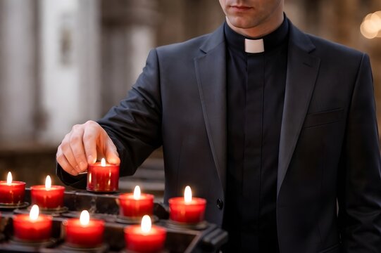 Sacerdote colocando una vela en una iglesia.