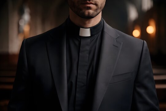 Detalle de alzacuellos y torso de un sacerdote cat&oacute;lico en una iglesia.