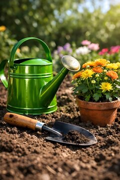 Regadera y pala de jardiner&iacute;a, con maceta con flores en el jard&iacute;n.