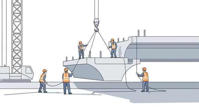 Construction Workers and Crane Installing Bridge Segment Infrastructure Vector Illustration