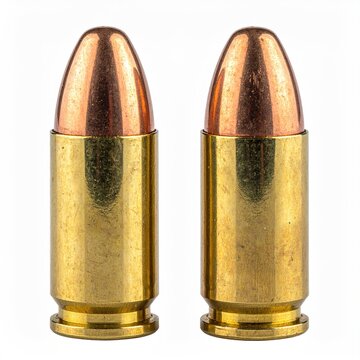 Two brass-cased 9mm Luger rounds with copper-jacketed bullets on a clean white background for firearms ammunition and shooting sport illustrations