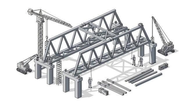 Isometric Illustration of Bridge Construction Site with Tower Cranes, Steel Trusses, and Industrial Workers for Infrastructure Engineering Projects