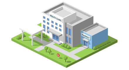Fototapeta premium Isometric view of a modern hospital building with surrounding landscape.