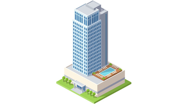 Isometric Modern Skyscraper Building with Rooftop Pool and Greenery.