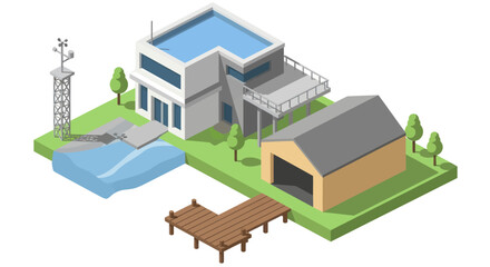Fototapeta premium Modern House with Garage and Dock on Water.