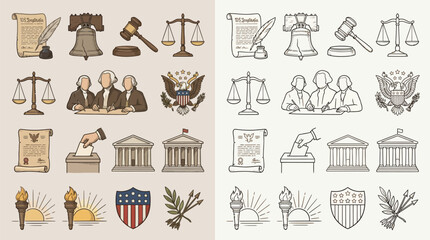 Collection of hand-drawn icons representing American government, law, and justice, including symbols like the Liberty Bell, scales of justice, gavels, and government buildings. © renender