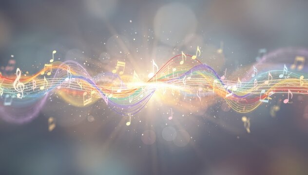 Musical ecard digital motion captures joyful melody visualization focal point on central graphic in crisp clarity background gently defocused.