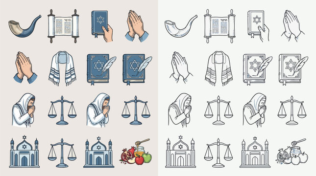 Collection of religious symbols and icons representing Judaism, Christianity, and Islam, including Torah scrolls, prayer books, shofars, crosses, mosques, and scales of justice.