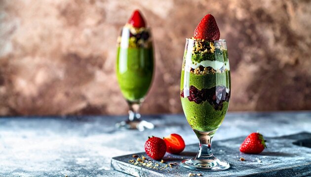Delicious Green Tea Matcha Parfait with Berry Compote
