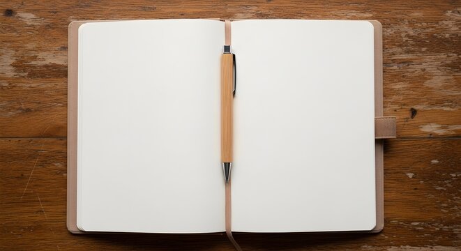 Open notebook with a pen on a wooden desk surface