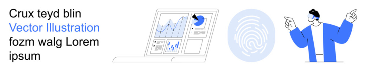 Naklejka premium Business analytics, cybersecurity, biometrics, data protection, identity verification, data visualization. Laptop screen with charts, fingerprint person gesturing. Business analytics