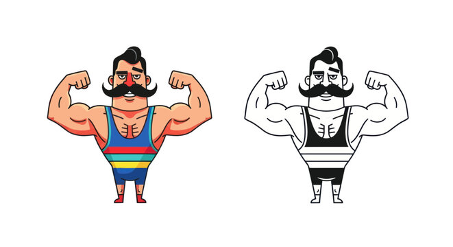 Vintage Strongman Flexing Muscles, Cartoon Character, Color and Outline