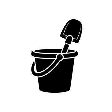 Clean graphic vector icon of a classic sand bucket with a shovel, symbolizing childhood fun, beach activities, summer holidays, and playful outdoor recreation