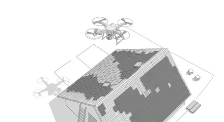Fototapeta premium Isometric Illustration of Drone Inspecting a Residential Roof for Damage Assessment and Repair