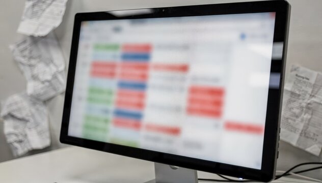 Focused shot of a screen showing a mailing list deduplication app duplicate entries flagged in red contrasted with printouts in the background out of focus.