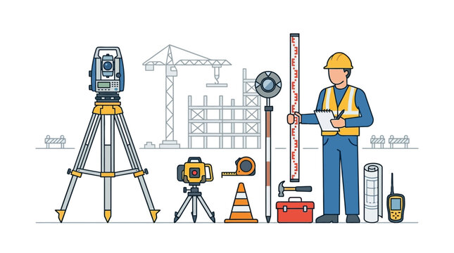 Professional Land Surveyor with Construction Equipment and Total Station Illustration. Vector concept of civil engineering tools, measuring devices, and site development.