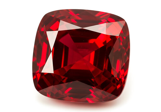 Exquisite square cushion cut red ruby gemstone. High quality precious jewel with brilliant facets and deep crimson hue.