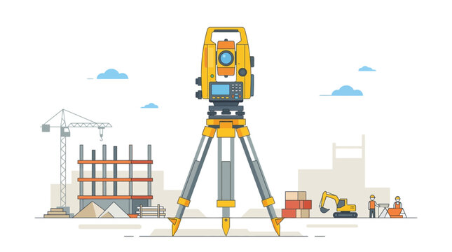 Total Station Surveying Instrument on Tripod at Construction Site Vector Illustration