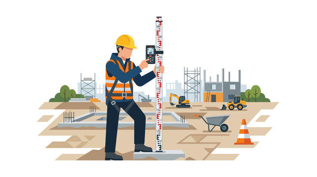 Professional surveyor using laser level and leveling rod on a construction site with heavy machinery. Vector illustration for engineering, architecture, and building industry.
