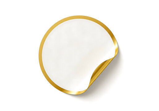 Round blank white sticker with elegant gold foil border and curled corner peel. Realistic paper mock up for labels.