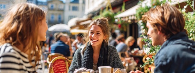Obraz premium Enjoying Coffee at an Outdoor Cafe in a Sunny Town Square with Friends