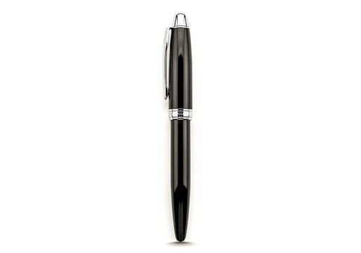 Elegant black fountain pen with silver tip and clip isolated on white background