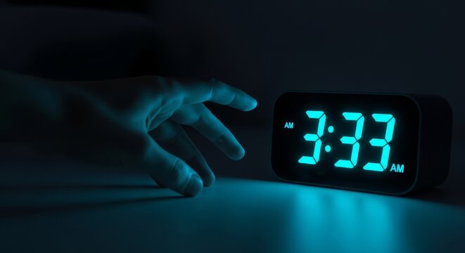 Reaching towards a glowing digital display clock in a dark bedroom at night during a period of extreme restlessness and a lack of slumber, blankets, dark, time