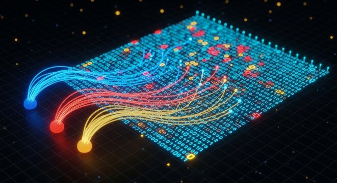 Big data binary code flow with vibrant colors visualizing machine learning, Quantum computing, Digital data networks, and data processing in a digital environment. 3d rendering
