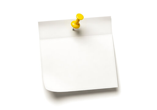A yellow pushpin holding a blank sticky note on a surface isolated on white background