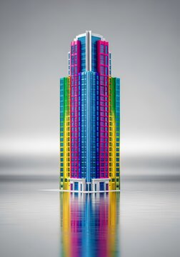 Flawless ultra realistic symmetrical building design reflected with precision on a gleaming mirror polished silver plane, sophisticated, contemporary, symmetrical