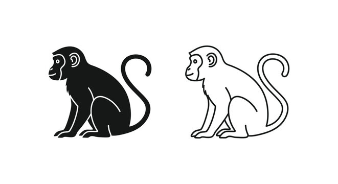 Monkey Symbols: Black and White Line Art Designs Vector