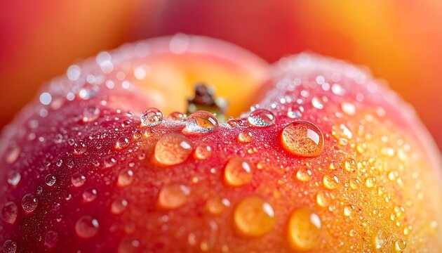 水滴をまとった瑞々しい桃の産毛のクローズアップマクロ写真