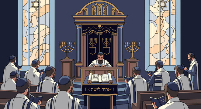 A rabbi leads a congregation in prayer within a beautifully adorned synagogue, with stained glass windows and a Torah scroll on display.