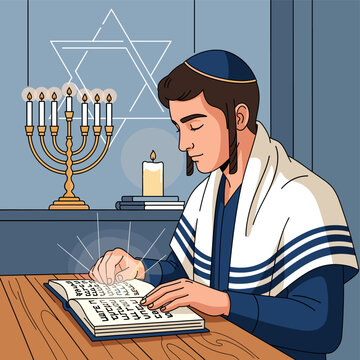 A young Jewish man wearing a kippah and tallit prays over a holy book, with a menorah and Star of David in the background.