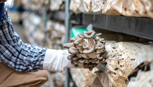 施設栽培の棚でヒラタケを手袋をして収穫する農家のクローズアップ